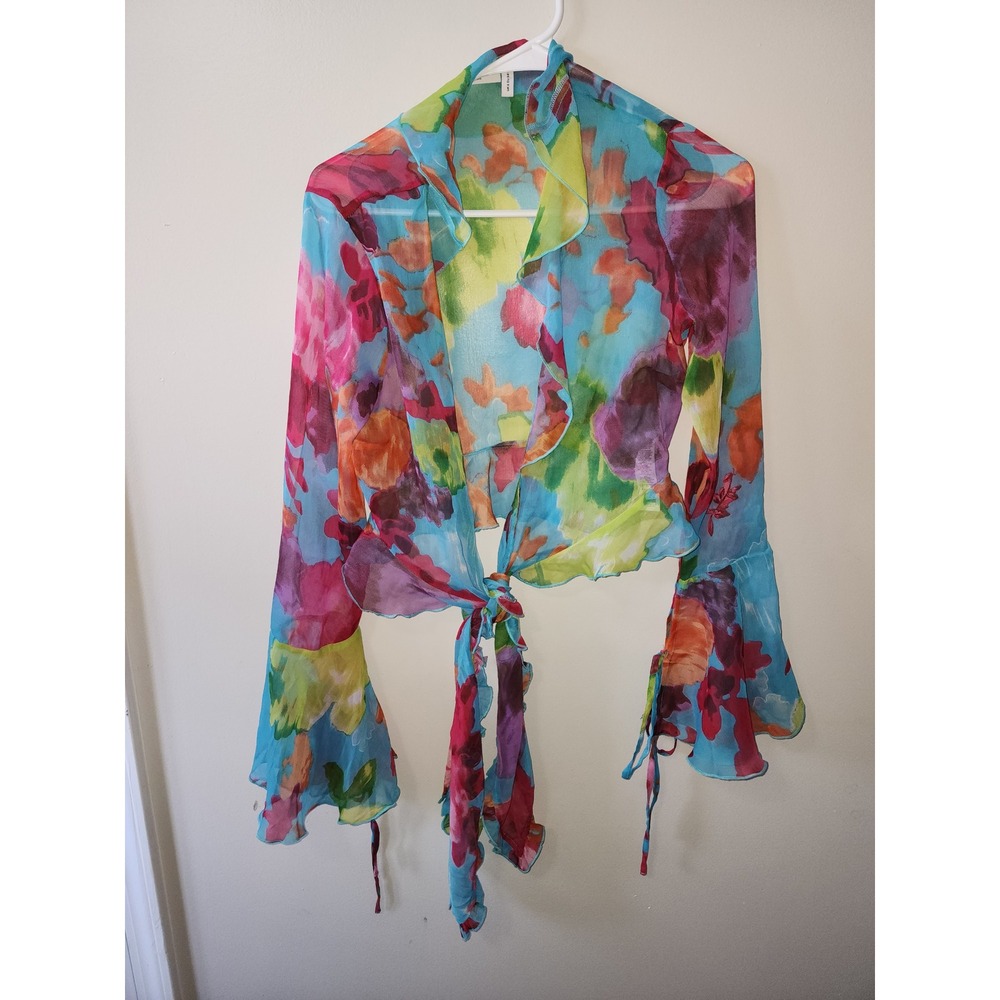 ASOS DESIGN Sheer Floral Tie Front Ruffle Crop Top Bell Sleeve Multi Color US 2